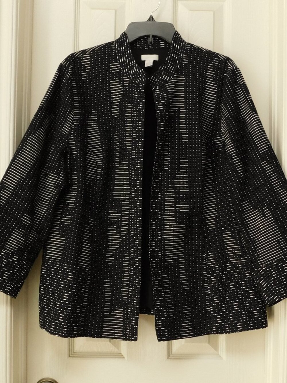 CHICO’S Womens Open Front Jacket Black Gray Geometric Textured Career Size 3(XL)